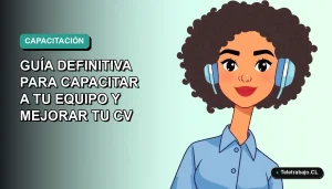 Ilustración plana corporativa de una mujer profesional de teletrabajo con blusa azul, sobre fondo degradado verde azulado, concepto de capacitación y franquicia tributaria SENCE para empresas.