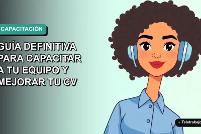 Ilustración plana corporativa de una mujer profesional de teletrabajo con blusa azul, sobre fondo degradado verde azulado, concepto de capacitación y franquicia tributaria SENCE para empresas.