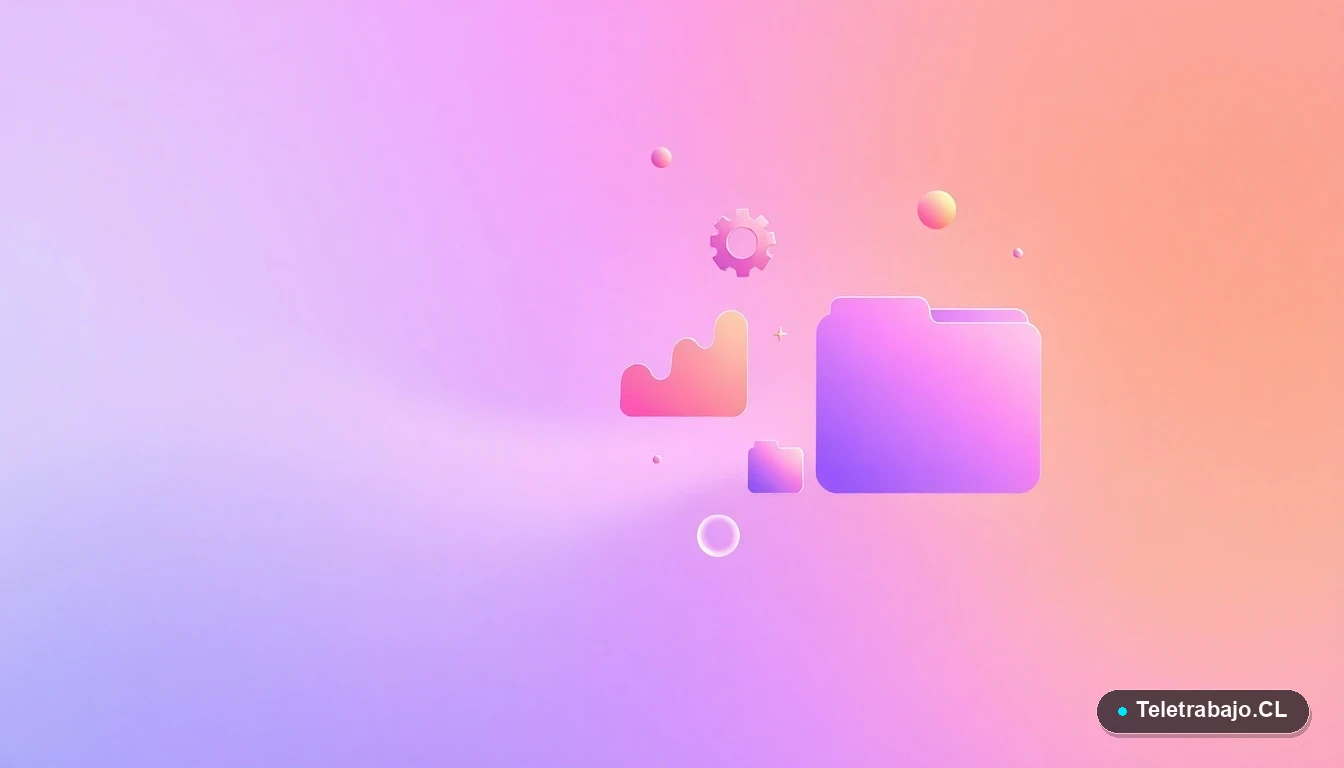 Composición abstracta de interfaz de usuario con gráficos flotantes y engranajes estilizados en tonos lavanda y durazno, concepto de procesos, tecnología y capacitación empresarial eficiente.