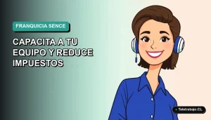 Ilustración plana corporativa de una trabajadora remota sonriente con blusa azul, sobre fondo degradado verde azulado. Concepto de franquicia tributaria SENCE para capacitación de equipos.