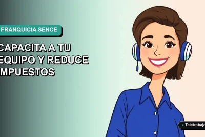 Ilustración plana corporativa de una trabajadora remota sonriente con blusa azul, sobre fondo degradado verde azulado. Concepto de franquicia tributaria SENCE para capacitación de equipos.