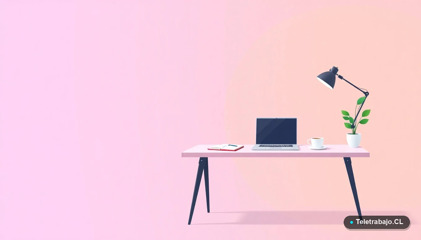 Escritorio moderno vacío con laptop, cuaderno, taza de café y planta, sobre fondo degradado lavanda y durazno. Representa el espacio de trabajo y la productividad para la capacitación financiada por SENCE.