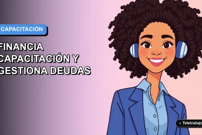 Ilustración plana corporativa de una mujer profesional de teletrabajo con blusa azul, sobre fondo degradado lila y azul, representando la gestión de la Franquicia Tributaria SENCE.