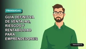 Ilustración plana corporativa de un hombre profesional de teletrabajo con suéter verde, sobre fondo degradado azul verdoso, representando el emprendimiento en franquicias.