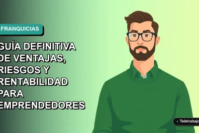 Ilustración plana corporativa de un hombre profesional de teletrabajo con suéter verde, sobre fondo degradado azul verdoso, representando el emprendimiento en franquicias.