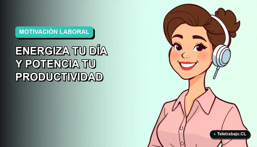 Ilustración plana corporativa de trabajadora remota feliz con fondo gradiente azul verdoso, concepto de productividad y energía positiva.