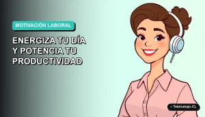 Ilustración plana corporativa de trabajadora remota feliz con fondo gradiente azul verdoso, concepto de productividad y energía positiva.