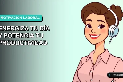 Ilustración plana corporativa de trabajadora remota feliz con fondo gradiente azul verdoso, concepto de productividad y energía positiva.