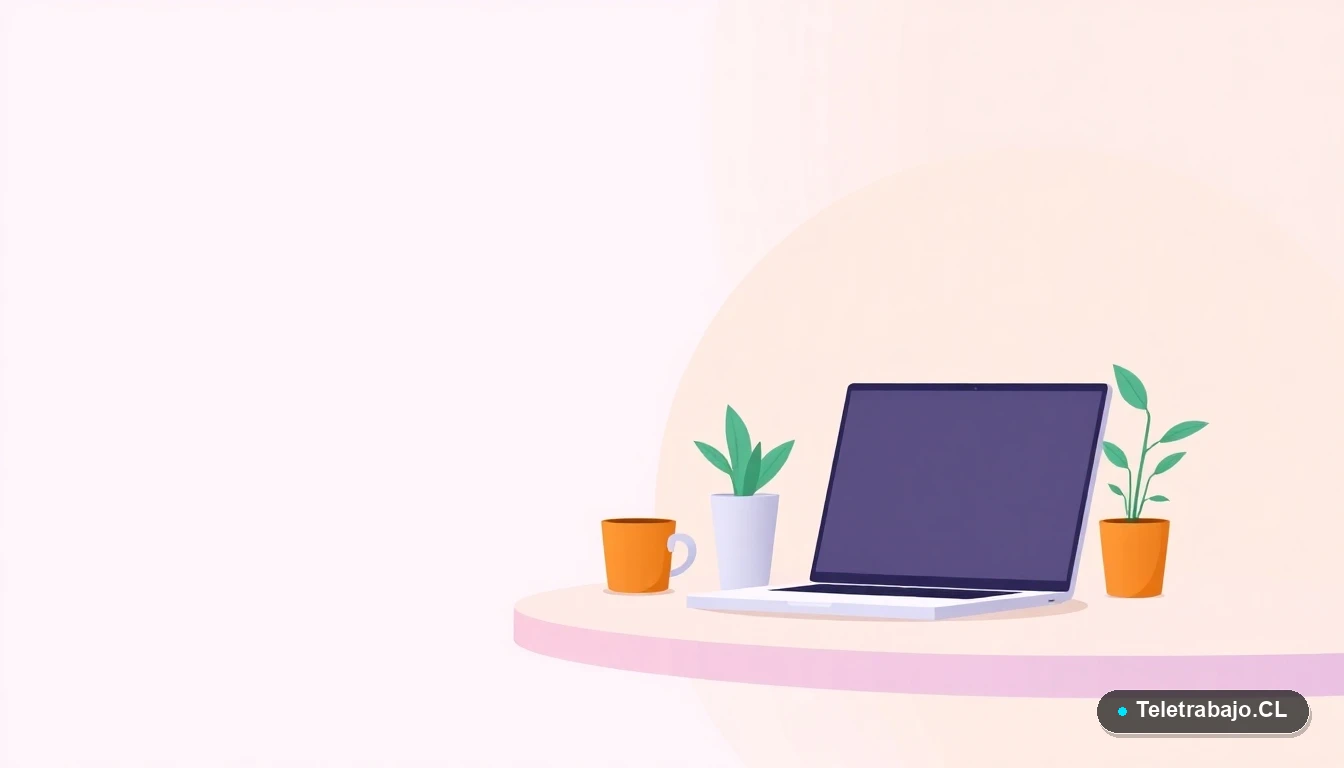 Escritorio moderno minimalista con laptop, planta y taza de café sobre fondo gradiente lavanda, representando un espacio de trabajo productivo y ordenado.