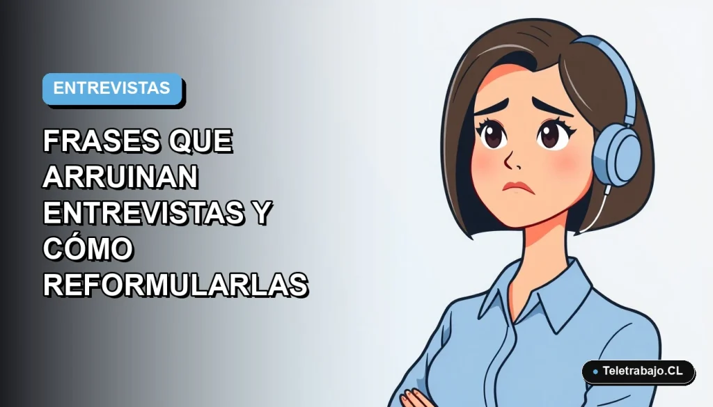 Ilustración plana corporativa de una mujer profesional de teletrabajo con blusa azul, sobre fondo degradado azul y blanco, concepto para evitar frases que arruinan entrevistas laborales.