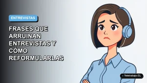 Ilustración plana corporativa de una mujer profesional de teletrabajo con blusa azul, sobre fondo degradado azul y blanco, concepto para evitar frases que arruinan entrevistas laborales.