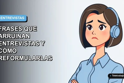 Ilustración plana corporativa de una mujer profesional de teletrabajo con blusa azul, sobre fondo degradado azul y blanco, concepto para evitar frases que arruinan entrevistas laborales.