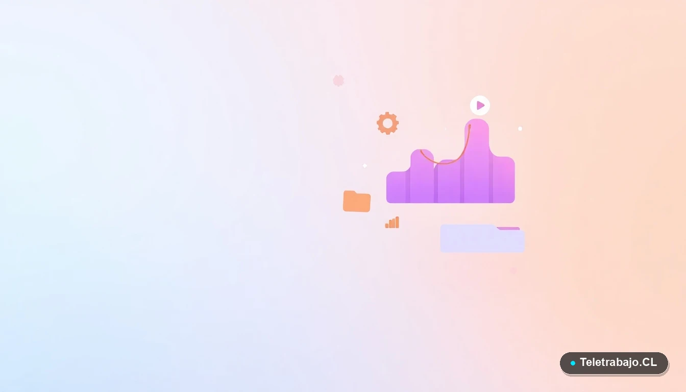 Ilustración abstracta de interfaz de usuario con gráficos flotantes y iconos de engranajes en tonos lavanda y durazno, sobre fondo degradado menta, concepto de optimización de procesos para entrevistas.