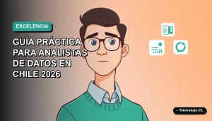 Ilustración plana de un hombre analista de datos trabajando de forma remota en Chile, con gráficos de Excel flotando, sobre un fondo degradado azul verdoso.