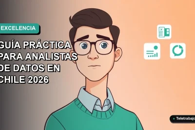 Ilustración plana de un hombre analista de datos trabajando de forma remota en Chile, con gráficos de Excel flotando, sobre un fondo degradado azul verdoso.
