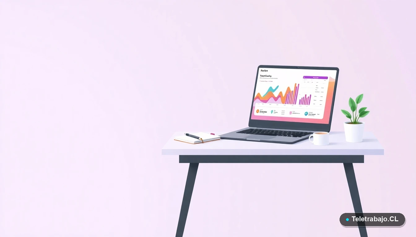 Escritorio moderno y minimalista para trabajo remoto, con laptop mostrando un dashboard de datos, cuaderno, taza de café y una planta, sobre fondo degradado lila.