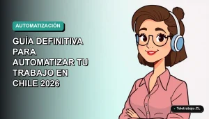 Ilustración vectorial plana de una mujer profesional chilena trabajando remotamente, con fondo degradado azul verdoso. Concepto de automatización en Excel.