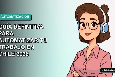 Ilustración vectorial plana de una mujer profesional chilena trabajando remotamente, con fondo degradado azul verdoso. Concepto de automatización en Excel.