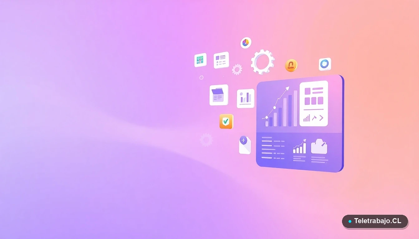 Elementos de interfaz de usuario abstractos y flotantes que representan fórmulas y automatización en Excel, sobre fondo degradado lila.