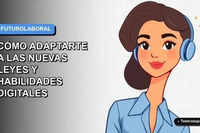 Ilustración vectorial plana de una mujer profesional chilena con blusa azul, representando el futuro del trabajo remoto y las nuevas habilidades digitales para 2026, sobre fondo degradado suave.