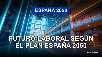 Plan España 2050: visión futurista de un espacio de trabajo corporativo con arquitectura de cristal e iluminación tecnológica.