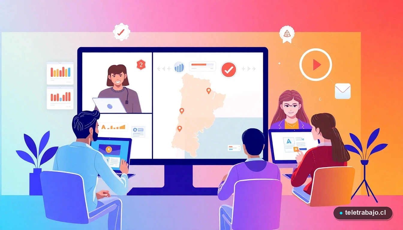 Estrategias de gamificación para equipos de teletrabajo en Chile mostrando tableros de puntos y badges digitales