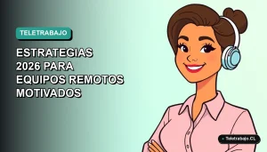 Ilustración plana corporativa de mujer chilena teletrabajando sonriendo, fondo degradado azul verdoso vacío.