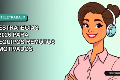Ilustración plana corporativa de mujer chilena teletrabajando sonriendo, fondo degradado azul verdoso vacío.