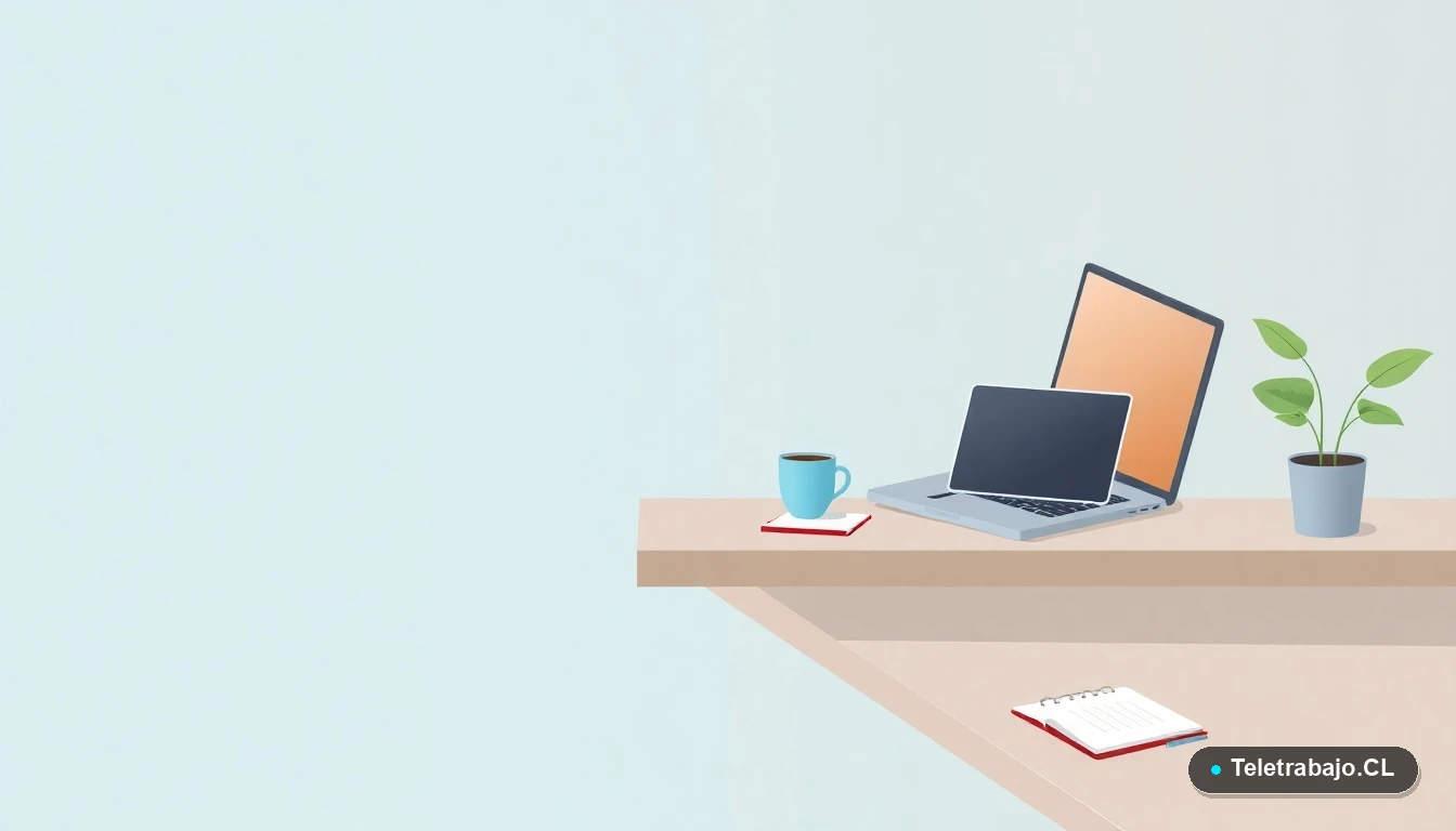 Escritorio moderno minimalista para teletrabajo con laptop, cuaderno y café, ilustración plana sobre fondo degradado.