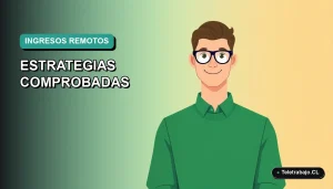 Ilustración plana vectorial de un trabajador remoto masculino con suéter verde, posicionado a la derecha, sobre un fondo degradado suave. Concepto de ganar dinero desde casa.