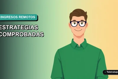 Ilustración plana vectorial de un trabajador remoto masculino con suéter verde, posicionado a la derecha, sobre un fondo degradado suave. Concepto de ganar dinero desde casa.