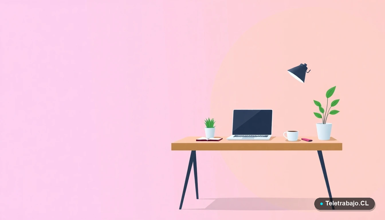 Escritorio moderno minimalista para trabajo remoto con laptop, café y planta, sobre un fondo degradado lavanda y durazno. Espacio negativo amplio a la izquierda.