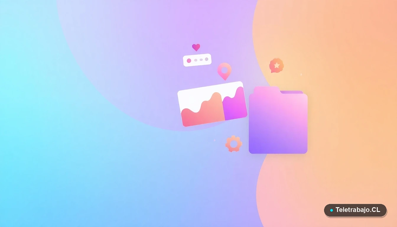 Composición abstracta de interfaz de usuario con gráficos flotantes e iconos de engranaje y carpeta, sobre un fondo degradado de menta y azul verdoso. Representa la tecnología detrás de las plataformas de encuestas online.