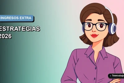 Ilustración vectorial plana de una mujer profesional trabajando de forma remota, con fondo degradado azul y espacio negativo.