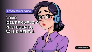 Ilustración vectorial plana de una trabajadora chilena con expresión preocupada, sobre fondo degradado lavanda. Concepto de salud mental laboral.