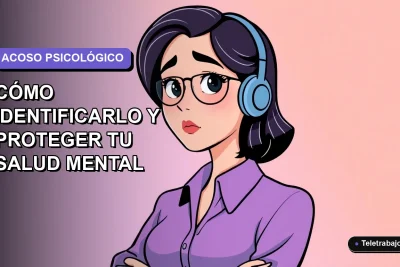 Ilustración vectorial plana de una trabajadora chilena con expresión preocupada, sobre fondo degradado lavanda. Concepto de salud mental laboral.
