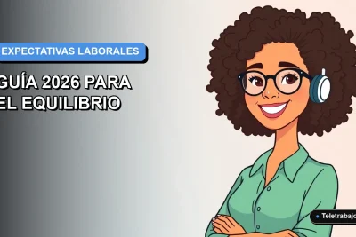 Ilustración plana corporativa de una mujer profesional de teletrabajo sonriente, con fondo gradiente azul y espacio negativo minimalista.