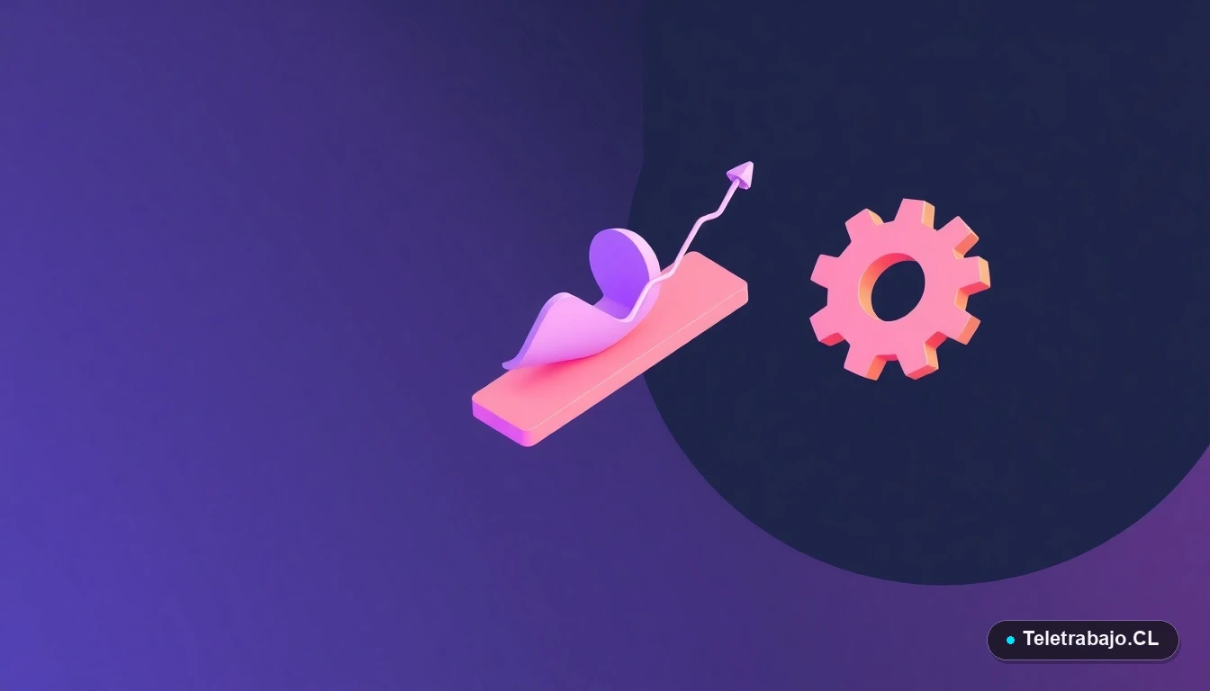 Composición abstracta de interfaz de usuario con gráficos y engranajes flotantes en tonos lavanda y durazno, sobre fondo gradiente oscuro con espacio negativo.