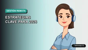 Ilustración vectorial plana de mujer profesional remota con blusa azul, sobre fondo degradado verde azulado.