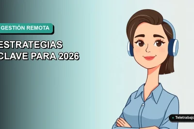 Ilustración vectorial plana de mujer profesional remota con blusa azul, sobre fondo degradado verde azulado.