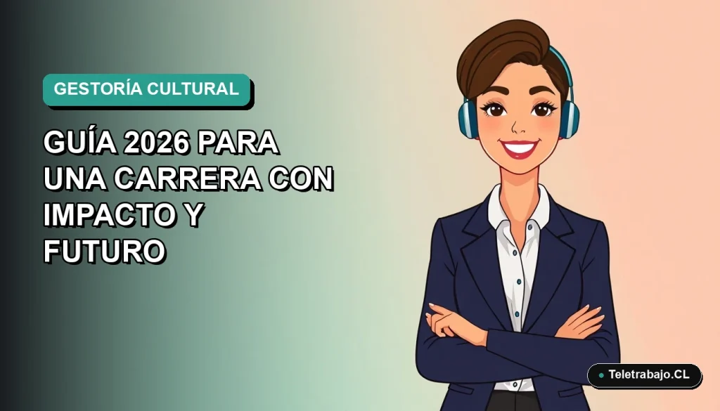 Ilustración vectorial plana de una gestora cultural chilena sonriente, con blazer y camisa, sobre un fondo degradado azul verdoso. Espacio negativo a la izquierda.