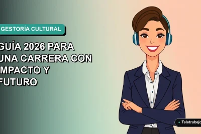 Ilustración vectorial plana de una gestora cultural chilena sonriente, con blazer y camisa, sobre un fondo degradado azul verdoso. Espacio negativo a la izquierda.