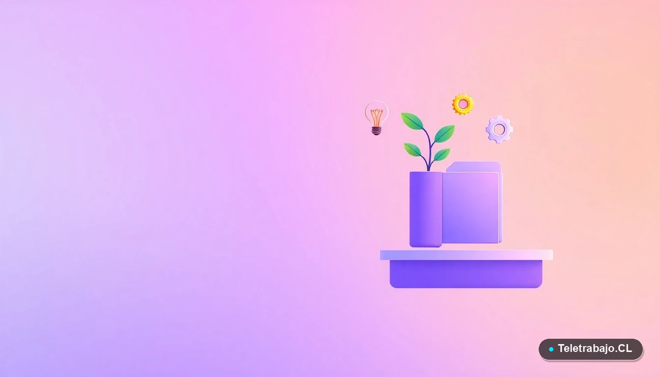 Ilustración abstracta de interfaz tecnológica con gráficos, engranajes y una planta brotando de un foco, sobre fondo degradado lila. Concepto de gestión cultural innovadora y sostenible.