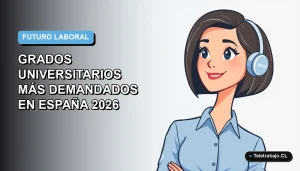 Ilustración vectorial plana de una mujer profesional de tecnología, con blusa azul y corte de bob, sobre fondo degradado azul y blanco, representando las carreras universitarias con más futuro en Chile.