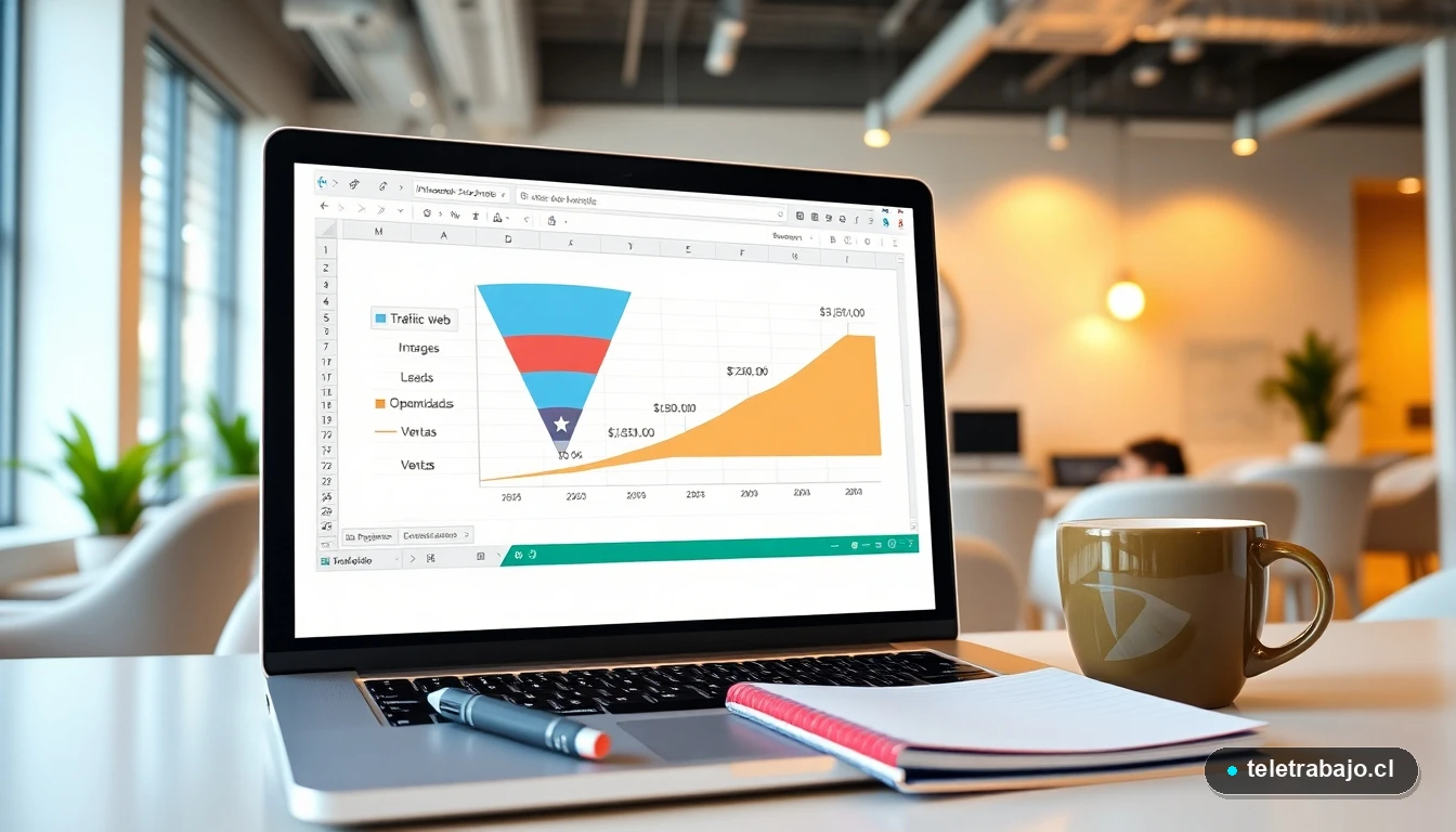 Gráfico de embudo creado en Microsoft Excel mostrando etapas de ventas en una oficina moderna en Chile