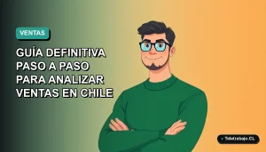 Gráfico de embudo de ventas en Excel mostrando etapas de prospección a cliente, con ilustración plana de trabajador remoto en Chile.