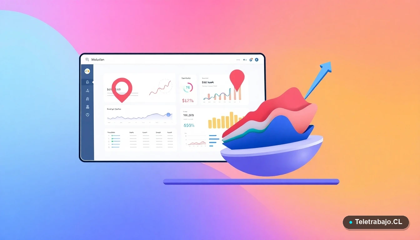 Interfaz de usuario abstracta con gráfico de embudo y elementos de datos flotantes, representando el análisis de métricas de ventas en Chile.