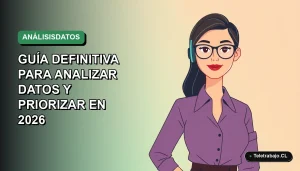 Ilustración vectorial plana de una mujer profesional de teletrabajo con blusa azul, mirando un gráfico Pareto en su pantalla, sobre fondo degradado verde y blanco.