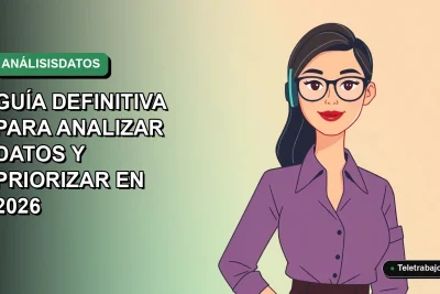 Ilustración vectorial plana de una mujer profesional de teletrabajo con blusa azul, mirando un gráfico Pareto en su pantalla, sobre fondo degradado verde y blanco.