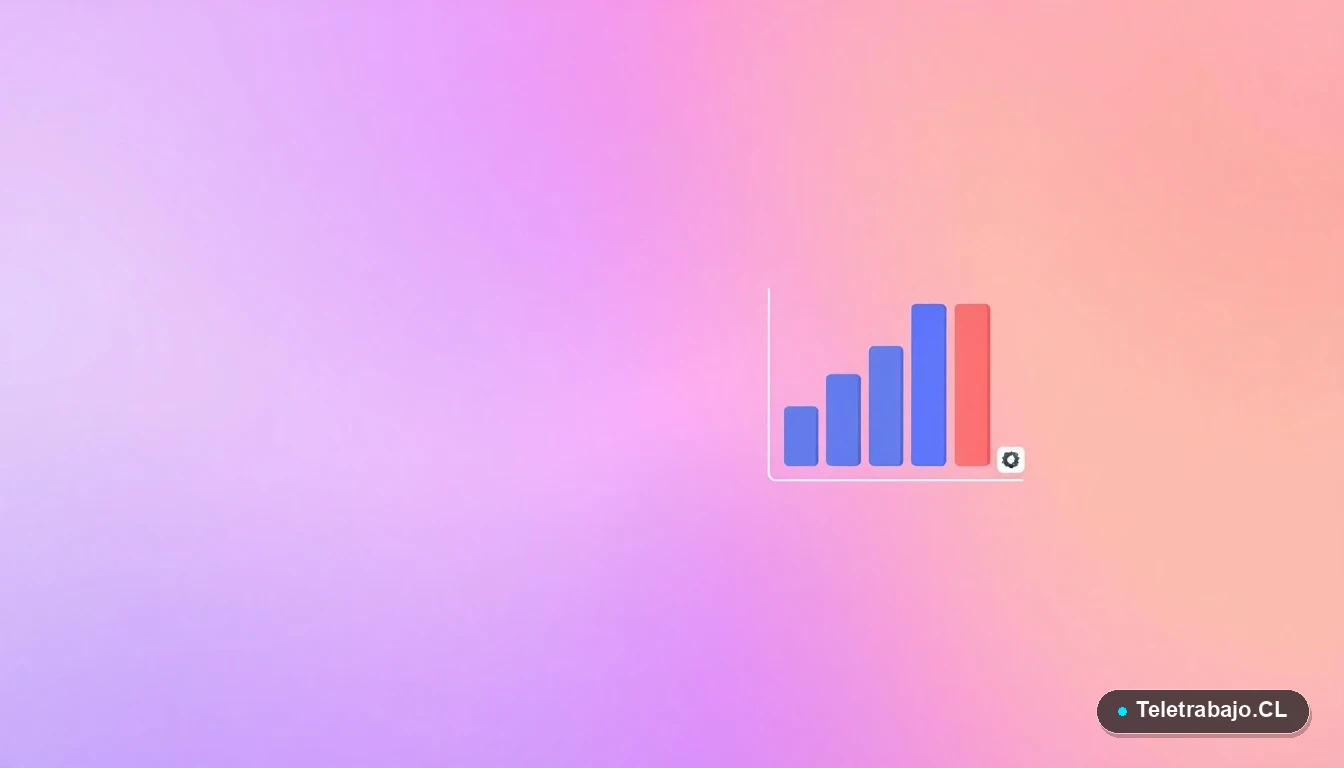 Ilustración abstracta de interfaz de usuario con un gráfico de Pareto y elementos flotantes como engranajes, sobre fondo degradado lavanda y durazno.